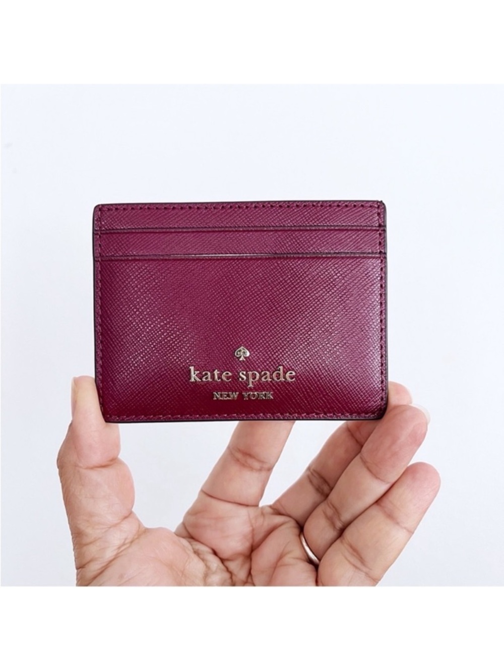 Kate Spade Madison Burgundy Saffiano Leather Slim Card Case with Gold Logo